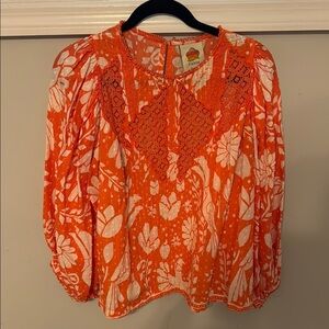 Farm Rio Coral Bib Collar Blouse with Billowy Sleeves